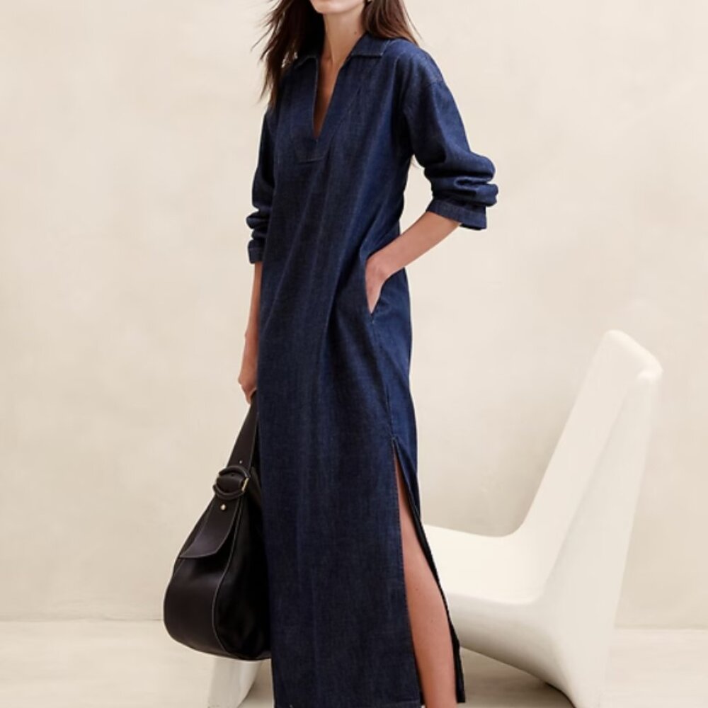 Banana Republic Cruz Denim Caftan Maxi Dress - Plus Size 20  Dark Denim Blue